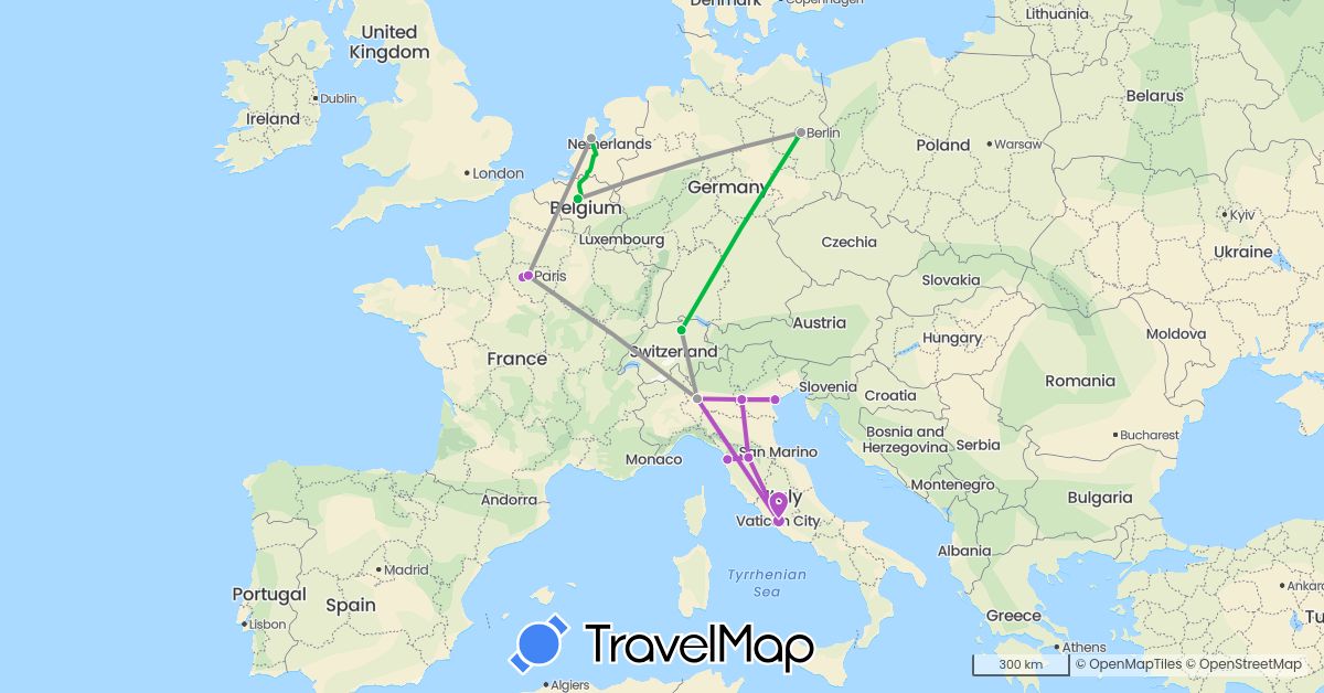 TravelMap itinerary: driving, bus, plane, train in Belgium, Switzerland, Germany, France, Italy, Netherlands (Europe)