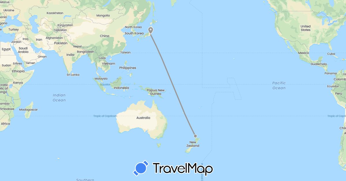 TravelMap itinerary: driving, plane in Japan, New Zealand (Asia, Oceania)